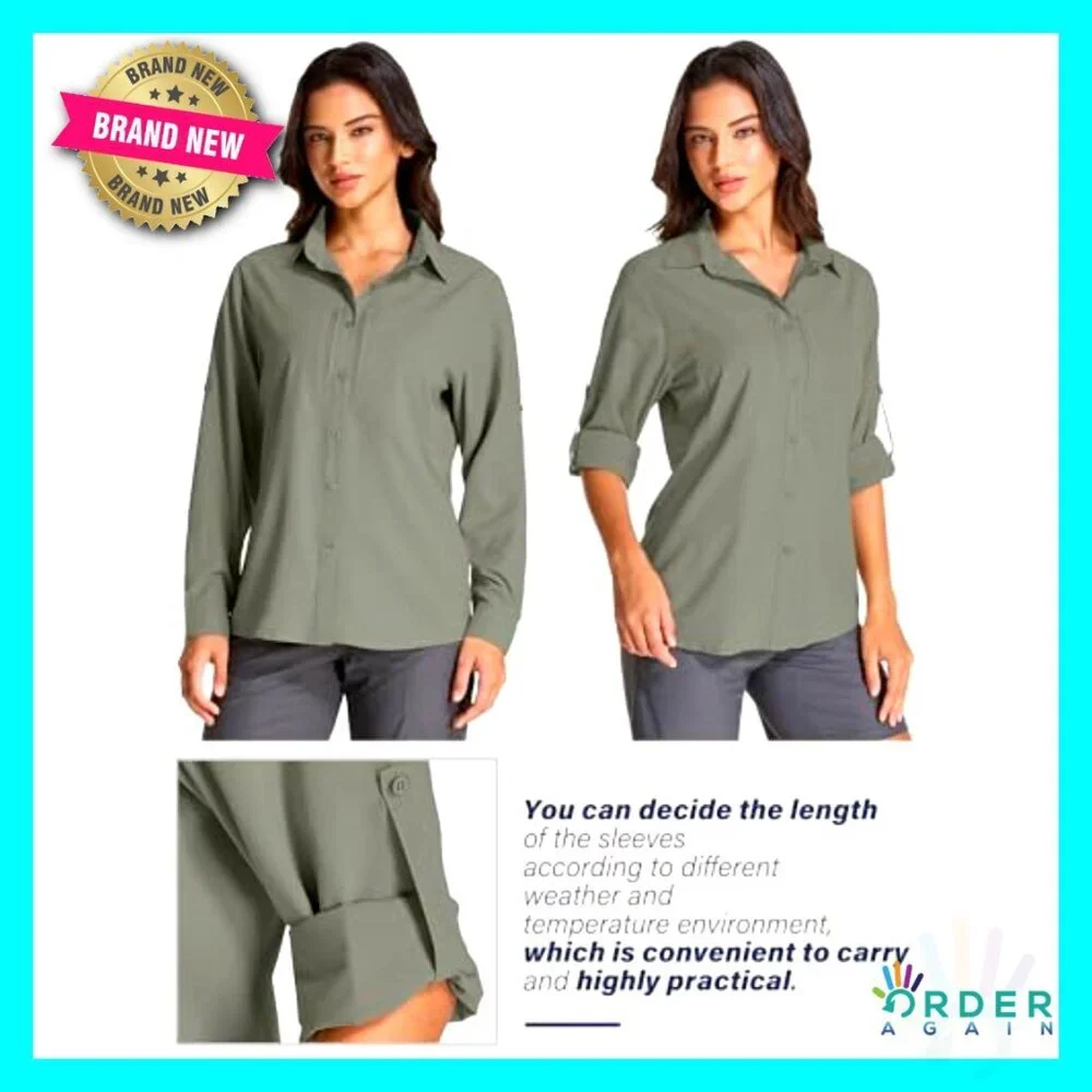 Long Sleeve Button Down Shirt UPF 50 Quick Dry Lightweight Safari Hiking Travel